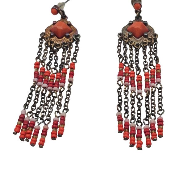 Beaded Orange Dangle Drop Brass Tone Hippie Boho Gypsy Tassel Rustic Earrings - Picture 3 of 10